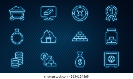 Set line Safe, Gold bars, mine, ring, Mine cart with gold,  and  icon. Vector