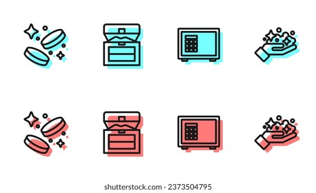 Set line Safe, Gold coin money, Antique treasure chest and mine icon. Vector