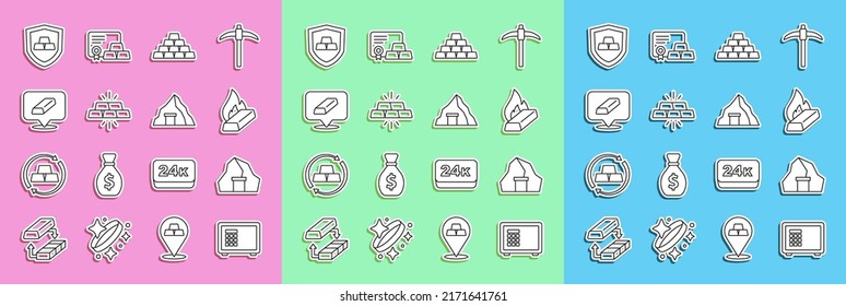 Set line Safe, Gold mine, Molten gold being poured, bars, with shield and  icon. Vector