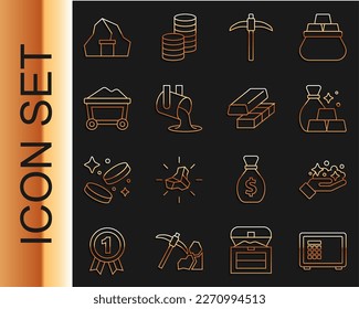 Línea Segura, Mina de oro, Bolsa de barras de oro, Pickaxe, Molten siendo vertido, Carrito de Minas con, e intercambio de dinero icono. Vector