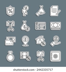 Set line Safe, Hand giving money, Stacks paper cash, Money hand, bag, Scissors cutting, Loan percent and Online banking with dollar icon. Vector