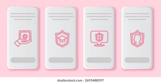 Set line Safe in hand, Graduation cap with shield, Location and Life insurance. White rectangle button. Vector