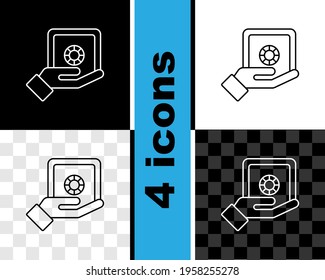 Set line Safe in hand icon isolated on black and white, transparent background. Insurance concept. Security, safety, protection, protect concept.  Vector