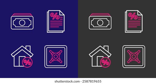 Set line Safe, House with percant discount, Finance document and Stacks paper money cash icon. Vector