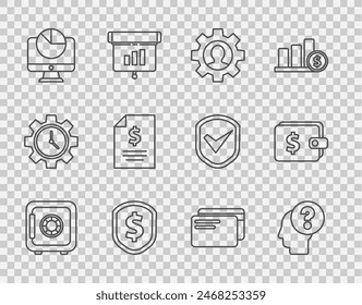 Set line Safe, Human head with question mark, gear inside, Shield dollar, Computer monitor graph chart, Contract money, Credit card and Wallet icon. Vector