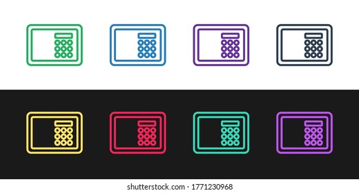 Set line Safe icon isolated on black and white background. The door safe a bank vault with a combination lock. Reliable Data Protection. Vector