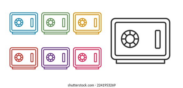 Fijar el icono de línea Segura aislado en el fondo blanco. La puerta protege una bóveda de banco con una cerradura combinada. Protección de datos fiable. Indique los iconos en colores. Vector