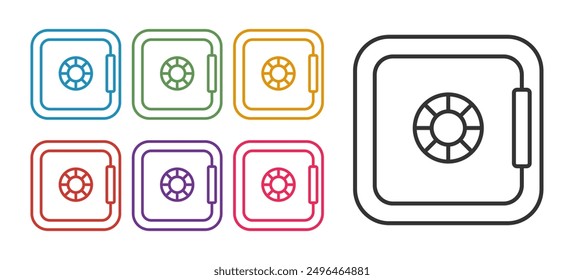 Set line Safe Symbol einzeln auf weißem Hintergrund. Die Tür sichert ein Bankgewölbe mit einem Kombinationsschloss. Zuverlässiger Datenschutz. Setzen Sie die Symbole bunt. Vektorgrafik