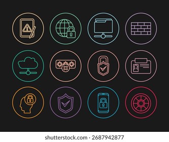 Set line Safe, Identification badge, FTP folder, Password protection, Network cloud connection, Tablet with exclamation mark, Lock and check and Global lockdown icon. Vector