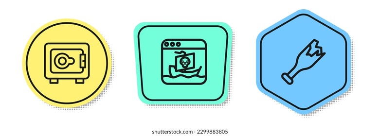 Fijar línea segura, piratería en Internet y botella rota como arma. Formas coloreadas. Vector