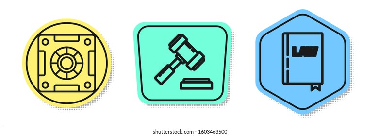 Set line Safe, Judge gavel and Law book. Colored shapes. Vector