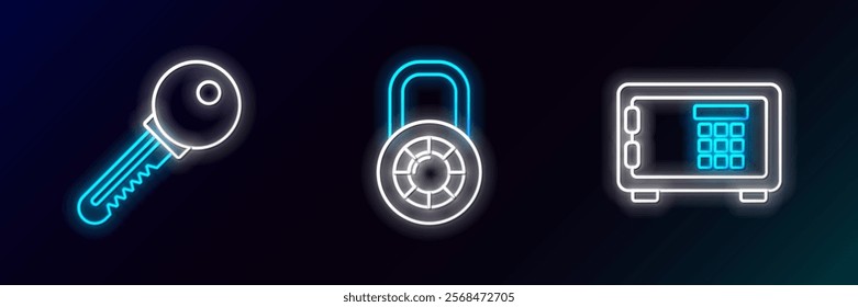 Set line Safe, Key and combination lock wheel icon. Glowing neon. Vector