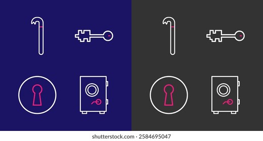 Set line Safe, Keyhole, Old key and Crowbar icon. Vector
