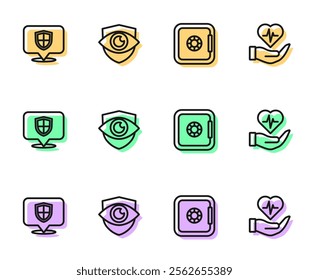 Set line Safe, Location shield, Shield and eye and Life insurance in hand icon. Vector