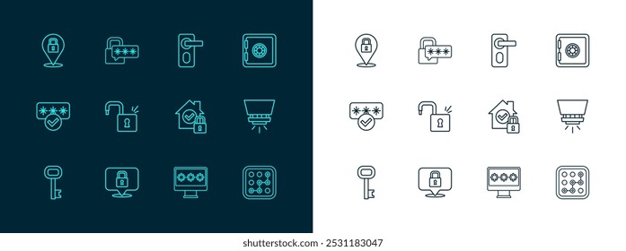 Establecer línea de seguridad, cerradura, casa bajo protección, monitor con Contraseña, candado abierto, puerta de huellas dactilares e ícono de seguridad cibernética. Vector