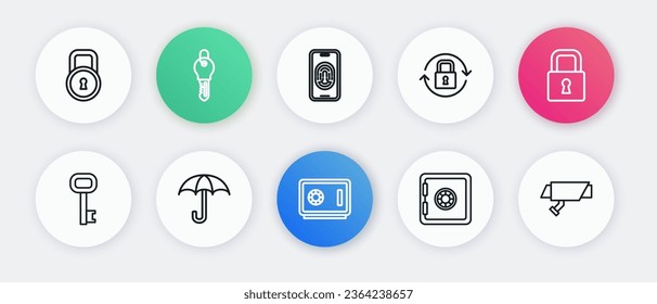 Set line Safe, Lock, Old key, Mobile with fingerprint scanner, Security camera and Umbrella icon. Vector