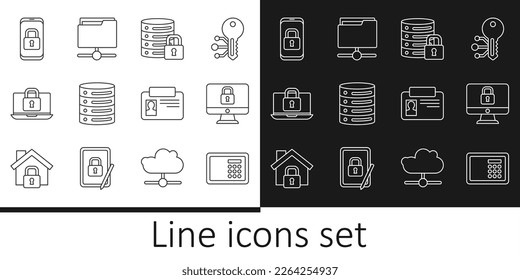 Set line Safe, Lock on computer monitor, Server security with lock, Server, Data, Web Hosting, Laptop and, Mobile closed padlock, Identification badge and FTP folder icon. Vector