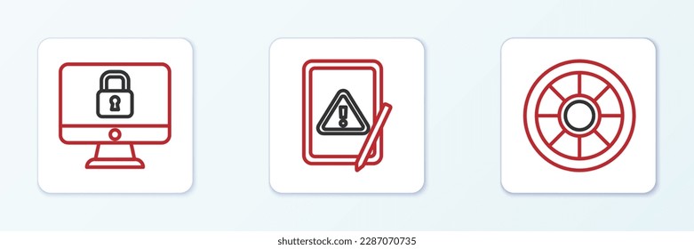 Set line Safe, Lock on computer monitor and Tablet with exclamation mark icon. Vector