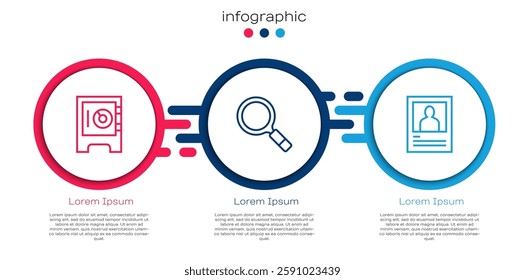 Set line Safe, Magnifying glass with search and Wanted poster. Business infographic template. Vector