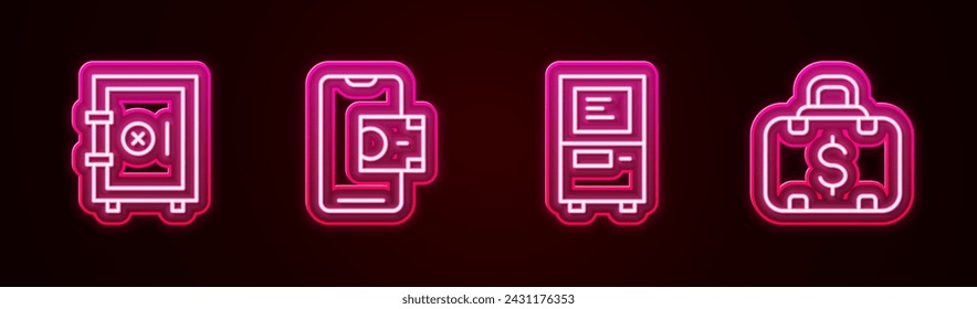 Set line Safe, Mobile banking, ATM and Briefcase and money. Glowing neon icon. Vector