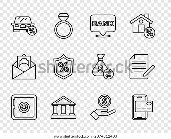 Set\
line Safe, Mobile banking, Bank building, Car leasing percent,\
Loan, Hand giving money and Document pen icon.\
Vector