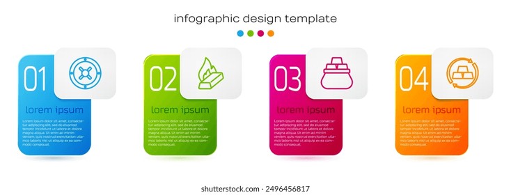 Set line Safe, Molten gold being poured, Bag of bars and Gold exchange money. Business infographic template. Vector