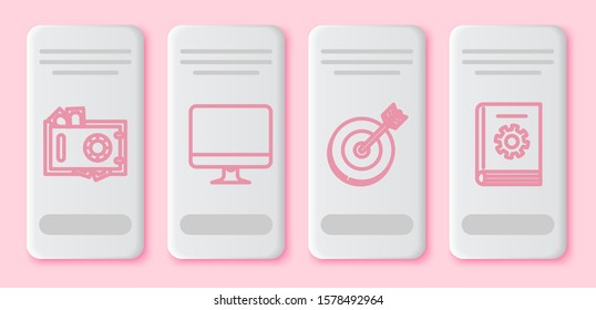 Set line Safe and money, Computer monitor screen, Target and User manual. White rectangle button. Vector