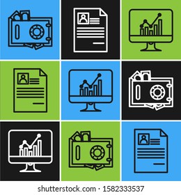 Set line Safe and money, Computer monitor with graph chart and Resume icon. Vector