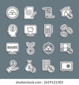 Set line Safe, Money percent, Coin money with dollar, Finance document, Piggy bank, Business man planning mind, Gold bars and POS terminal credit card icon. Vector
