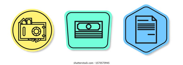 Set line Safe and money, Stacks paper money cash and Document. Colored shapes. Vector