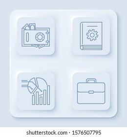 Set line Safe and money, User manual, Pie chart infographic and Briefcase. White square button. Vector