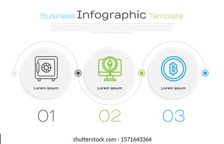 Set line Safe, Monitor and Cryptocurrency coin Ethereum ETH and Cryptocurrency coin Bitcoin. Business infographic template. Vector
