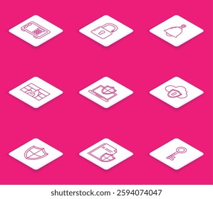 Set line Safe, Open padlock, Ringing bell, Firewall, security wall, Laptop protected with shield, Cloud and, Shield and Document protection concept icon. Vector