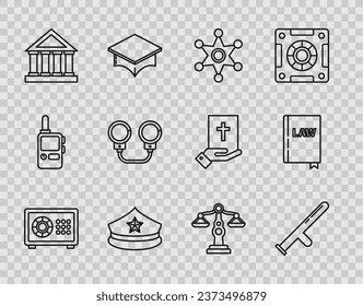 Set line Safe, Police rubber baton, Hexagram sheriff, cap with cockade, Courthouse building, Handcuffs, Scales of justice and Law book icon. Vector