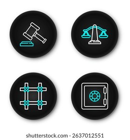 Set line Safe, Prison window, Scales of justice and Judge gavel icon. Vector