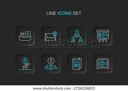Set line Safe, Resume, Hierarchy with dollar, Dollar plant, Board graph, Employee hierarchy, Mail and e-mail and Cargo ship boxes delivery icon. Vector