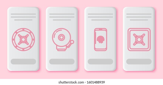 Set line Safe , Ringing alarm bell , Smartphone with fingerprint scanner  and Safe . White rectangle button. Vector