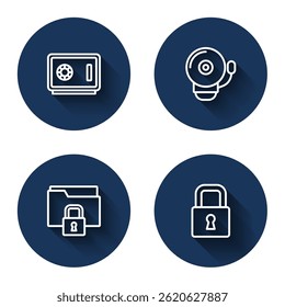 Set line Safe, Ringing alarm bell, Folder and lock and Lock with long shadow. Blue circle button. Vector