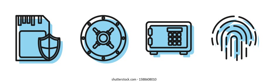 Set line Safe , SD card and shield , Safe  and Fingerprint  icon. Vector