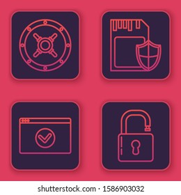 Set line Safe , Secure your site with HTTPS, SSL, SD card and shield  and Open padlock . Blue square button. Vector