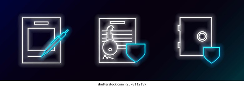 Set line Safe with shield, Blank notebook and pen and Document key icon. Glowing neon. Vector