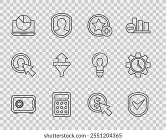 Set line Safe, Shield with check mark, Star, Calculator, Laptop graph chart, Sales funnel arrows, Cursor and coin and Time Management icon. Vector