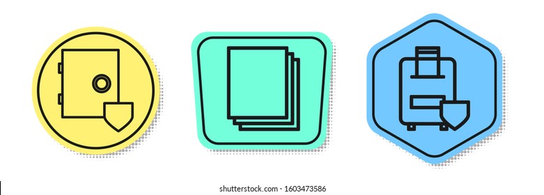 Set line Safe with shield, Clean paper and Traveling baggage insurance. Colored shapes. Vector