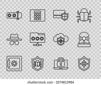 Set line Safe, Shield, Credit card with shield, System bug, Password protection, Folder password, Laptop and lock and Flasher siren icon. Vector