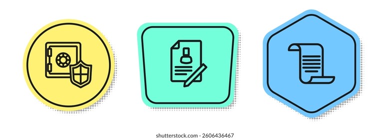 Set line Safe with shield, Document and . Colored shapes. Vector