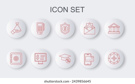 Set line Safe, Shield with dollar, Mobile banking, Money hand, POS terminal credit card, Monitor and Graduation cap coin icon. Vector