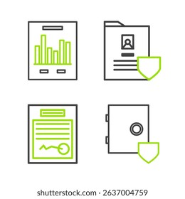 Set line Safe with shield, Filled form, Document and graph chart icon. Vector