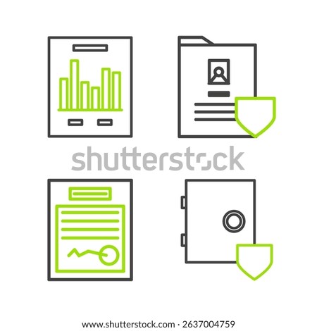 Set line Safe with shield, Filled form, Document and graph chart icon. Vector