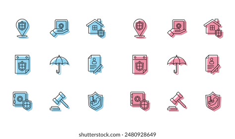 Set line Safe with shield, Judge gavel, Location, Life insurance, Umbrella, Document, Calendar and hand icon. Vector