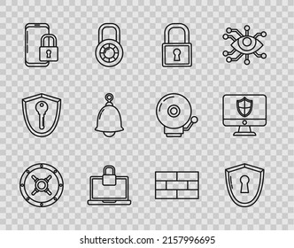 Set line Safe, Shield with keyhole, Lock, Laptop and lock, Smartphone closed padlock, Ringing bell, Bricks and Computer monitor shield icon. Vector